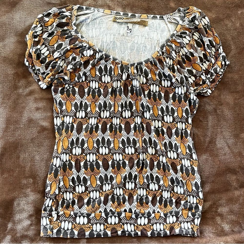 Totto Women's Black and Gold Patterned Blouse Size S